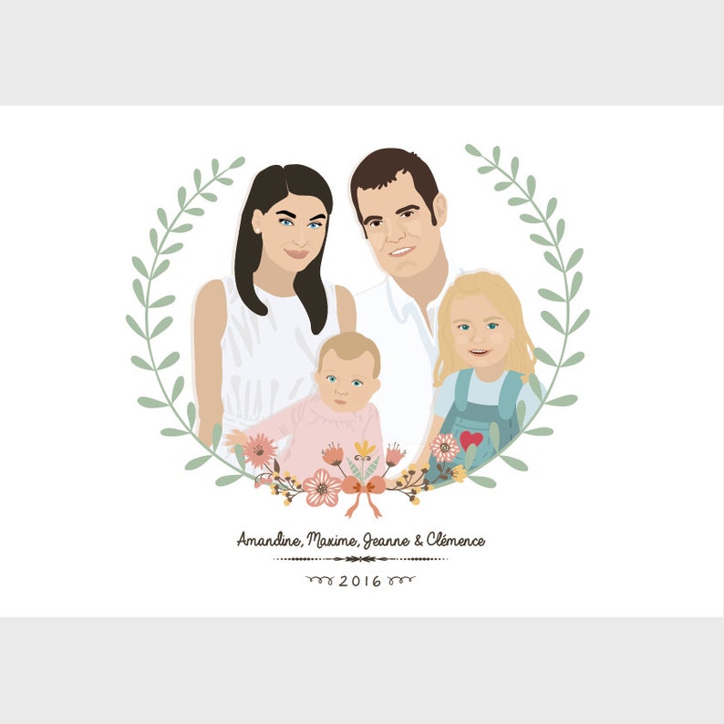 Portraits family of 4 persons customized custom personalized illustration Print / Poster A4 A3 image 2