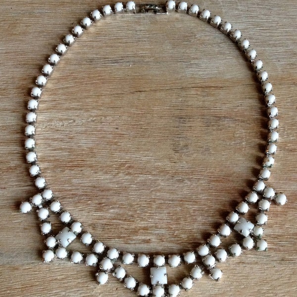 Vintage White Milk Glass Chandelier silver Necklace ... Estate sale find... Beautiful