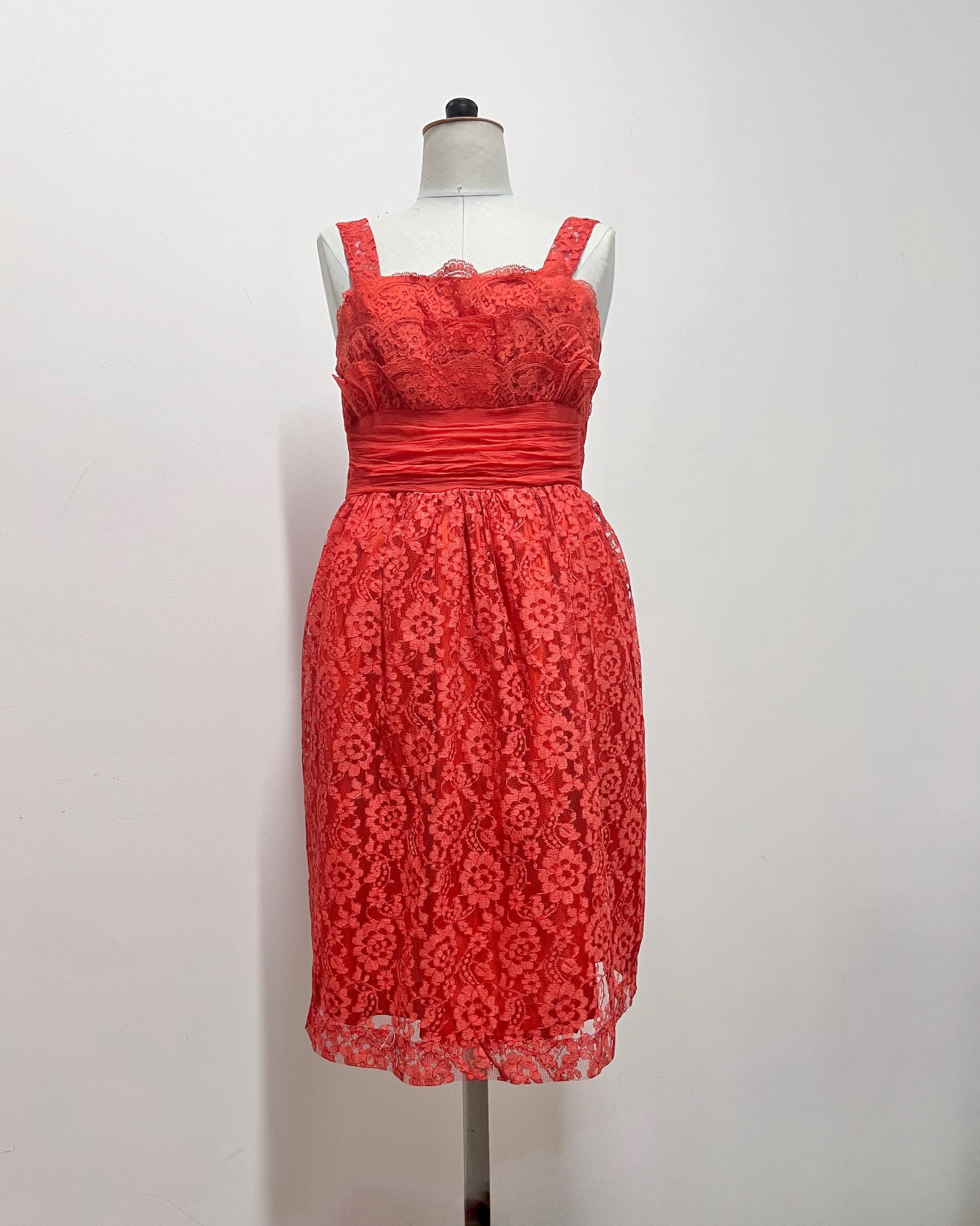 Beautiful Vintage 1960s Crimson Red Lace Strap Sheath Dress by 