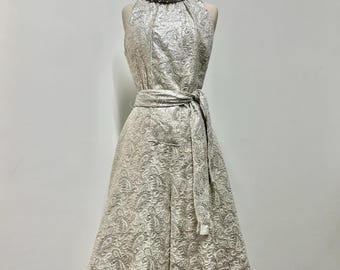 Amazing 1960's silver lurex shimmering palazzo wide leg belted jumpsuit with embellished turtle neck collar