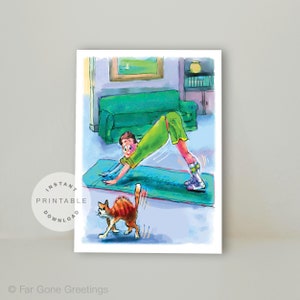 Pilates card for workout buddy, Funny yoga bday card for cat lover, Downward facing dog bday card for yogi, Printable yoga greeting cards