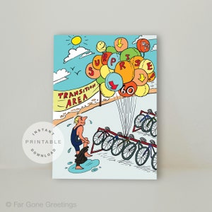 60th birthday card for workout buddy, Funny bday card for friend, Triathlon happy birthday card, Printable greeting card for Ironman