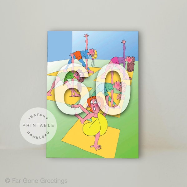 60th birthday card for yogi, Funny yoga greeting cards, Printable bday card for workout buddy, Happy birthday card for gym rat at 60