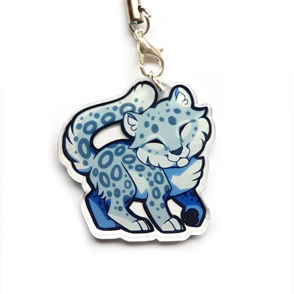 Chibi Snow Leopard Clear Double Sided Acrylic Charms with Phone Strap