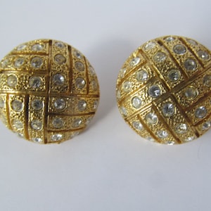 Bling Wedding Earrings Formal Gold Earrings 1980s High Fashion Gold Earrings Clear Rhinestones Grid Pattern