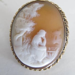Sterling & Gold Cameo Carved Shell Cameo Necklace Pendant Brooch Sterling Silver Cameo Brooch Vintage Sterling Silver Cameo Brooch  Scene
