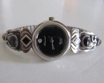 Diamond Quartz Navajo Watch Black Onyx Watch Bracelet Sterling Silver Southwestern Watch Band Wrist Watch signed JB Sterling