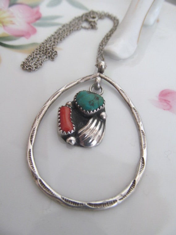 Navajo Sterling Silver Turquoise Coral Necklace C… - image 3