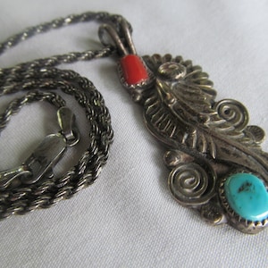 Lg Navajo Sterling Silver Turquoise & Coral Necklace Sterling Silver Turquoise Necklace Vintage Turquoise Hand Stamped Southwestern