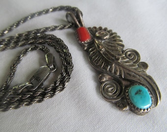 Lg Navajo Sterling Silver Turquoise & Coral Necklace Sterling Silver Turquoise Necklace Vintage Turquoise Hand Stamped Southwestern