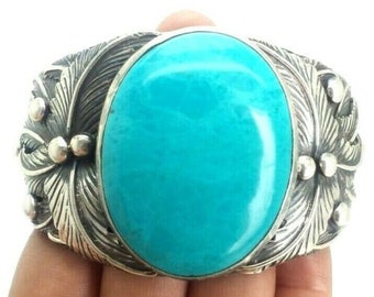 Huge OLD Pawn Turquoise Sterling Silver Cuff Bracelet,VINTAGE SOUTHWESTERN Boulder Turquoise Cuff Bracelet Turquoise Sleeping Beauty