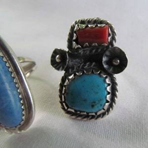 5 Old Pawn Turquoise Ring Prickly Pear Cactus Navajo Turquoise & Coral Ring Sterling Silver Ring sz 5 Vintage Southwestern Turquoise Jewelry