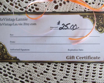 25 DOLLAR GIFT CERTIFICATE ReVintageLannieJewls We Accept Etsy Gift Cards 25.00 Dollar Gift Certificate Shop that Sells Gift Certificates