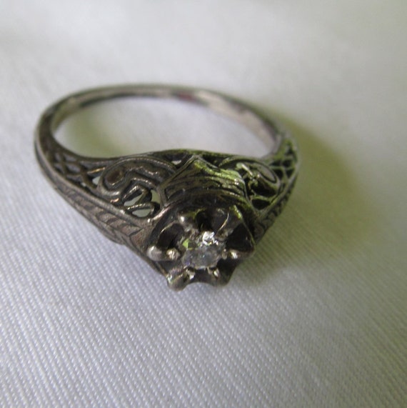 Antique Wedding Ring Art Deco Diamond Ring Filigr… - image 5