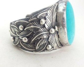 Huge OLD Pawn Turquoise Sterling Silver Cuff Bracelet,VINTAGE SOUTHWESTERN Boulder Turquoise Cuff Bracelet Turquoise Sleeping Beauty