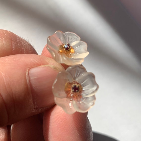 Lucite Flower garnet Earrings Bling Wedding Earri… - image 2