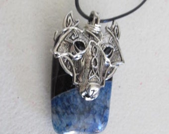 Wolf Pendant Necklace Lapis Lazuli Pendant Sky Blue Black Silver Necklace Pendant Wolf necklace