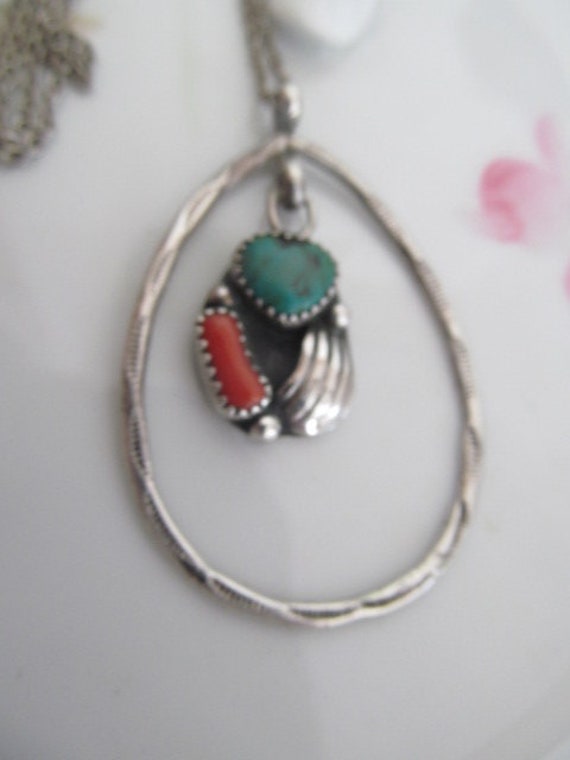 Navajo Sterling Silver Turquoise Coral Necklace C… - image 2