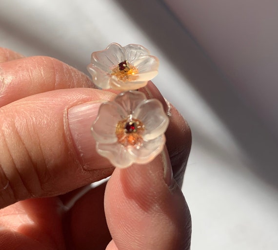 Lucite Flower garnet Earrings Bling Wedding Earri… - image 1