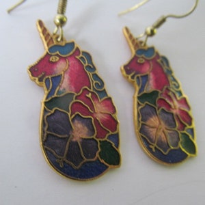 Unicorn Earrings Cloisonne A Pair of Abstract Unicorn Dangle Earrings 80s Earrings Purple Unicorn Pink Unicorn Jewelry Cloisonne Earrings
