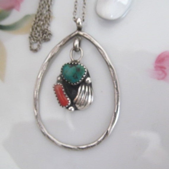 Navajo Sterling Silver Turquoise Coral Necklace C… - image 1