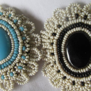 Art Deco Brooch Glass Hand Beaded Brooch Sterling Silver Brooch Turquoise Blue Brooch Black and White Beaded Jewelry Vintage Glass Beads