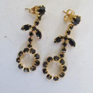 Lovely Black Earrings Pierced Post dangle Earrings Razzle Dazzle Rhinestone Earrings Black and gold Dangles