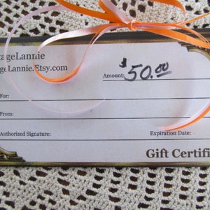 50 DOLLAR GIFT CERTIFICATE ReVintageLannieJewls Etsy Shop We Accept Etsy Gift Cards 50.00 Gift Certificate