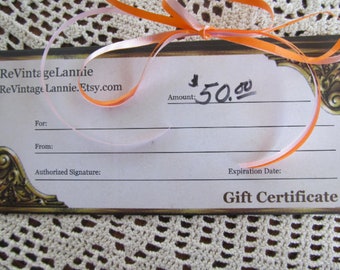 50 DOLLAR GIFT CERTIFICATE ReVintageLannieJewls Etsy Shop We Accept Etsy Gift Cards 50.00 Gift Certificate