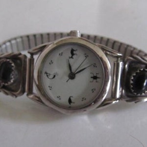 Navajo Watch Black Onyx Watch Bracelet Sterling Silver Southwestern Watch Band Wrist Watch signed JB Sterling Kokopelli Fetish bear
