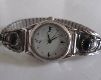 Navajo Watch Black Onyx Watch Bracelet Sterling Silver Southwestern Watch Band Wrist Watch signed JB Sterling Kokopelli Fetish bear