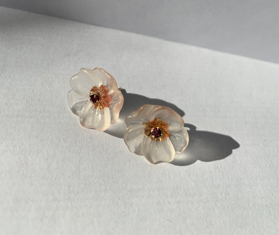 Lucite Flower garnet Earrings Bling Wedding Earri… - image 8
