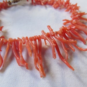 May include: A coral necklace made of small, delicate branches of coral. The coral is a light pink color and the necklace is strung together with a silver clasp.