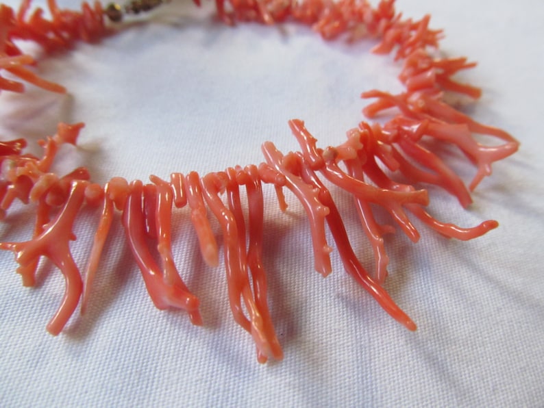 May include: A coral necklace made of small, delicate branches of coral. The coral is a light pink color and the necklace is strung together with a silver clasp.