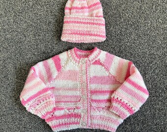 Hand Knitted Baby Cardigan and Hat set - 16" (0-6 Months) - Pink - DK Baby Wool