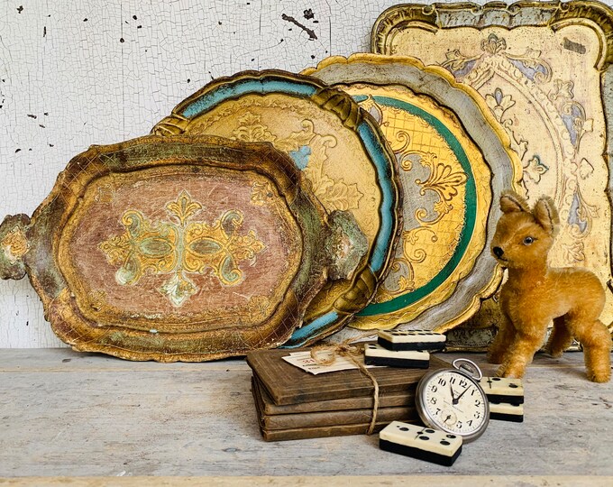 4 Italian Florentine Trays Group Lot of Four Small Size Light Wood
