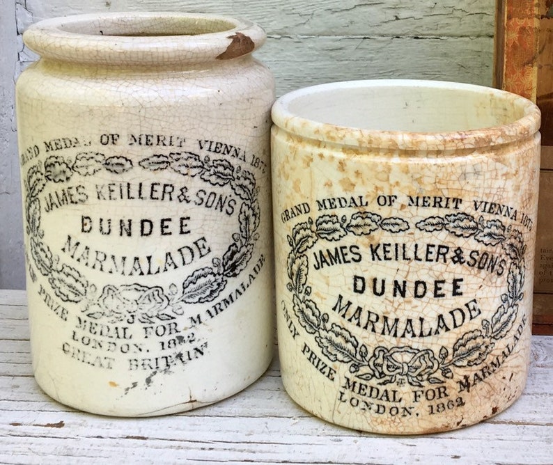 Dundee Set of Two Marmalade Jar Antique Crock Lot Pair Crocks