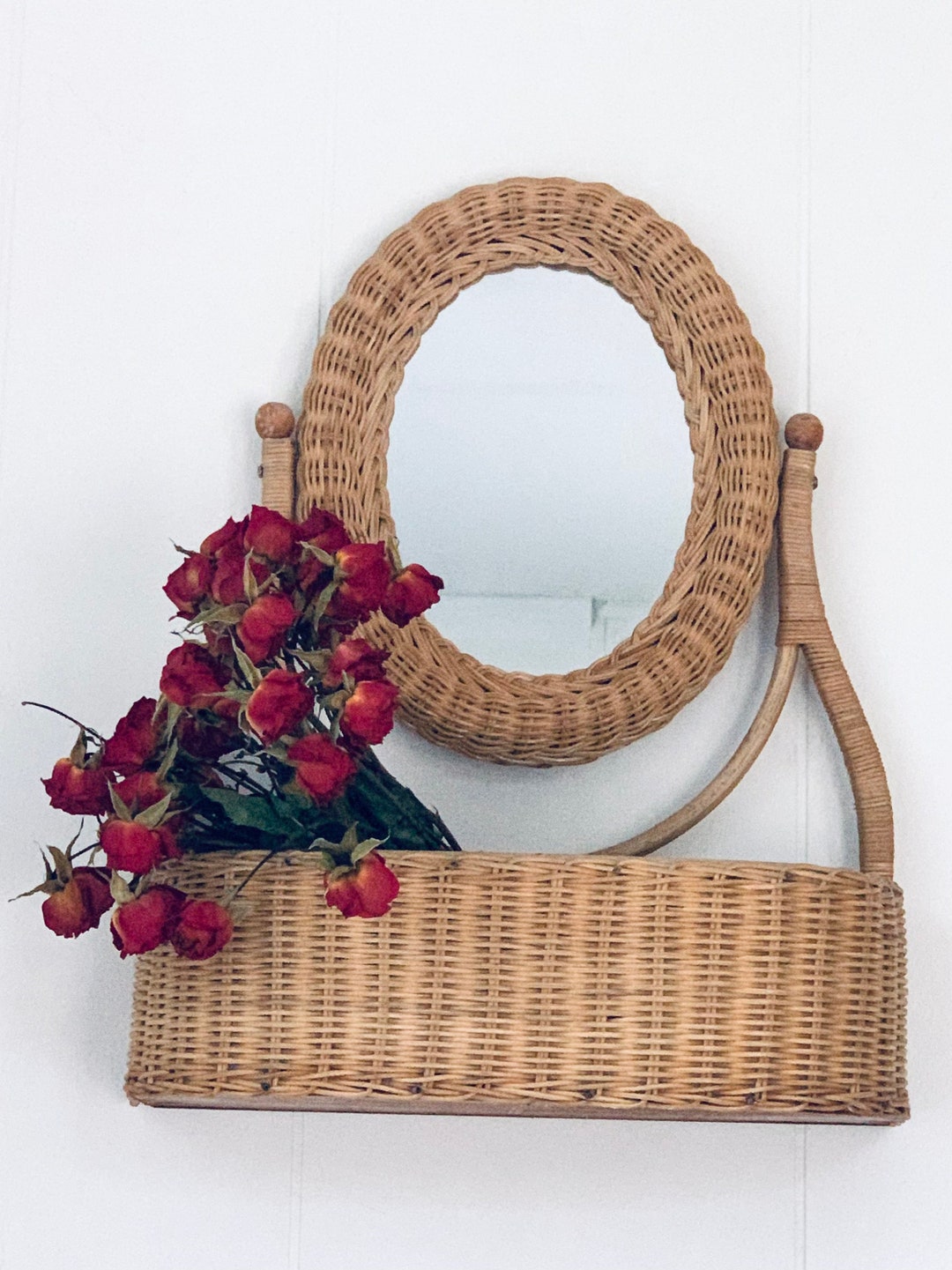 Wicker Vanity Mirror Dresser Caddy Boudoir Tilting Swivel Etsy