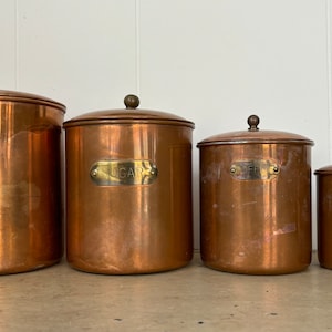 Vintage Set of Four Copper Canisters  Tin Lined Rustic Farmhouse Kitchen Storage Containers