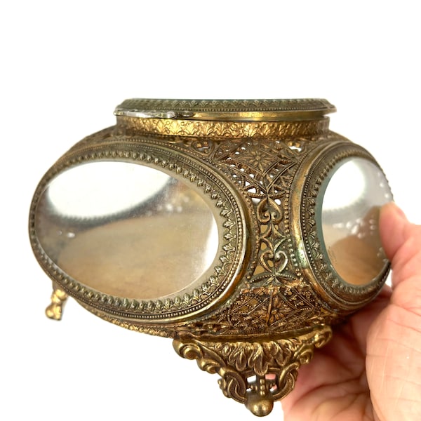 Filigree brass-tone Trinket Box French Ormolu Beveled Jewelry Casket