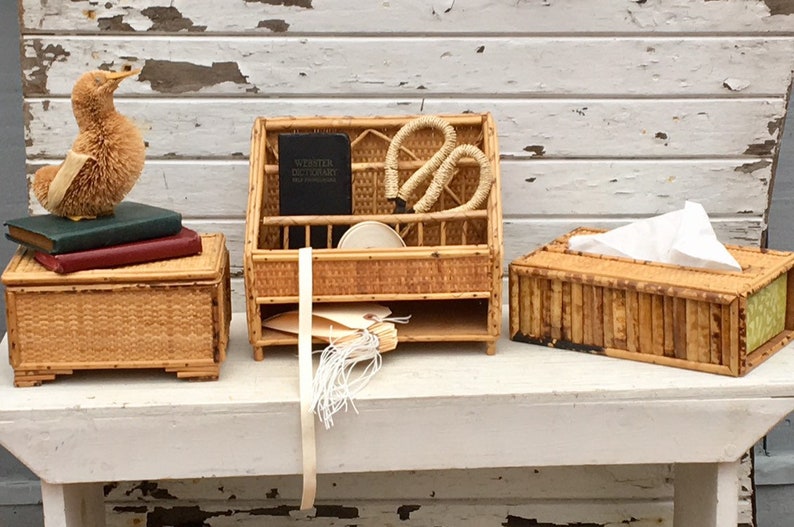 Rattan Desk Organizer Tissue Box And Keepsake Box Set Of Three Etsy