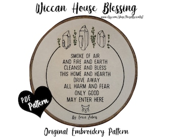 May include: A black and white embroidery pattern for a Wiccan house blessing. The pattern features a circle with five crystals, a crescent moon, and the text "Smoke of air and fire and earth cleanse and bless this home and hearth drive away all harm and fear only good may enter here".