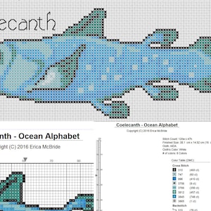 May include: Cross stitch pattern for a blue and green coelacanth fish. The pattern includes a color chart and stitch count. The title "Coelecanth - Ocean Alphabet" is at the top of the pattern.