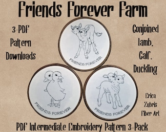 May include: A tan-colored graphic featuring three circular embroidery patterns with the text "Friends Forever." The patterns depict a conjoined lamb, calf, and duckling. Text includes "3-PDF Pattern Downloads" and "PDF Intermediate Embroidery Pattern 3-Pack."