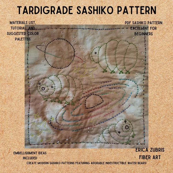 Tardigrade Space Sashiko Water Bear Embroidery Pattern PDF