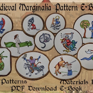 Medieval Marginalia Pattern E-Book Embroidery Illumination SCA PDF Pattern Download Grotesques Knights Cats