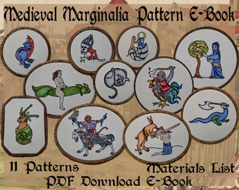 May include: An e-book cover with the title "Medieval Marginalia Pattern E-Book" and the text "11 Patterns PDF Download E-Book Materials List". The cover features 11 circular images of medieval-style illustrations, each with a different design.