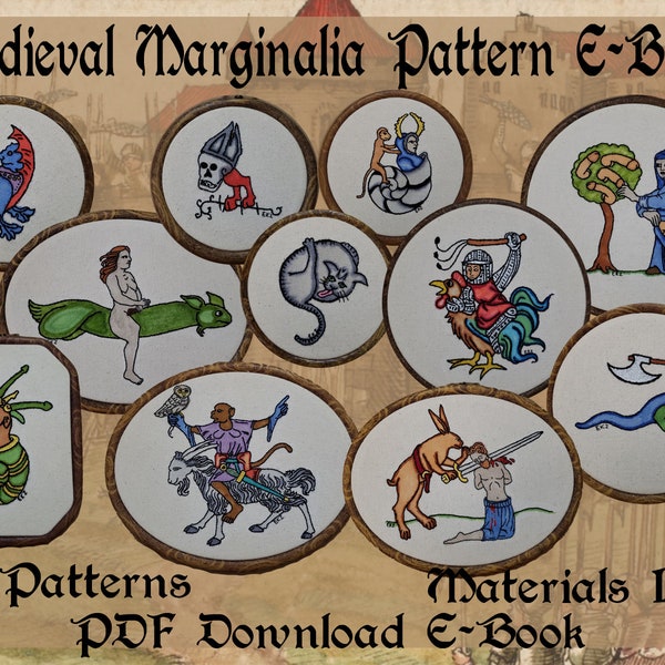 Medieval Marginalia Pattern E-Book Embroidery Illumination SCA PDF Pattern Download Grotesques Knights Cats