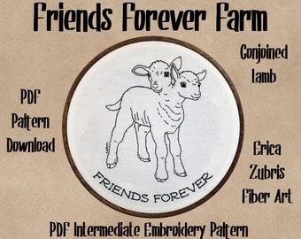 May include: A black and white line drawing of two conjoined lambs in a wooden embroidery hoop. The hoop is on a brown background with the text "Friends Forever Farm" and "PDF Intermediate Embroidery Pattern".