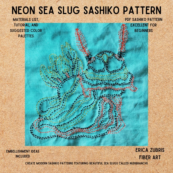 Limace de mer néon Sashiko nudibranche océan motif de broderie PDF Nembrotha kubaryana